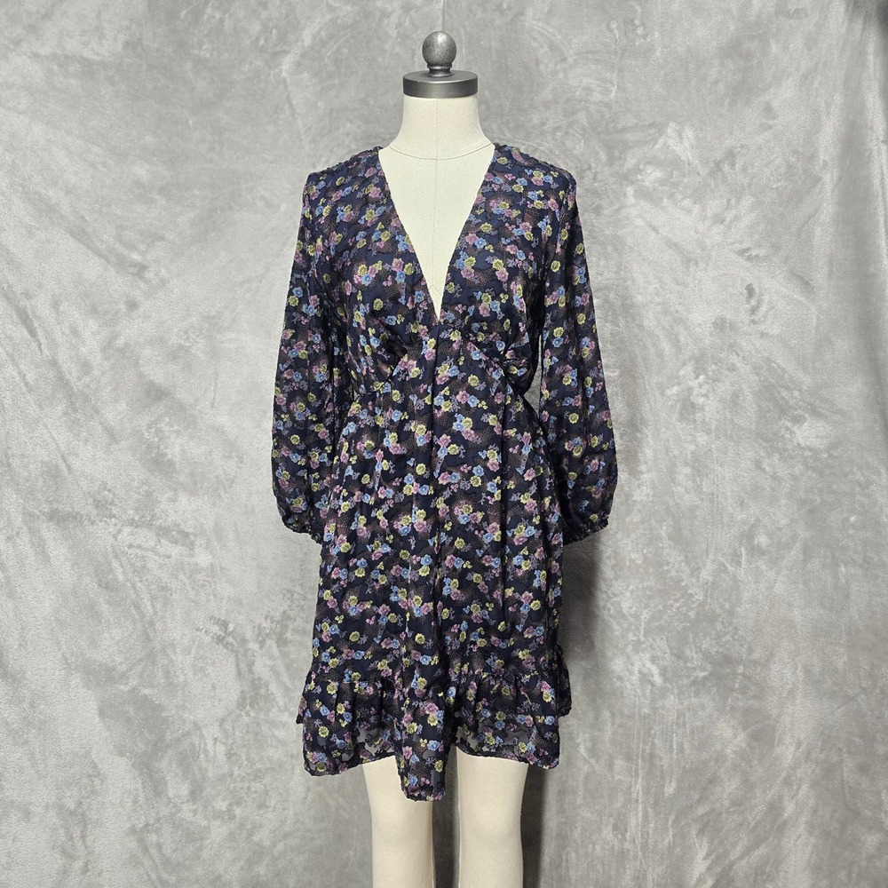 Angie Womens Black Floral V-Neck Ruffle Hem Mini Dress Whimsigoth Sheer Dainty L
